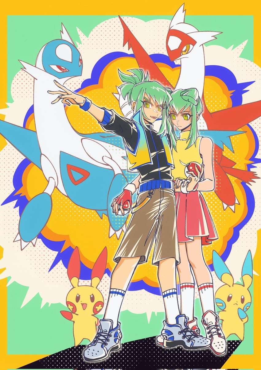 latias, latios, minun, plusle, luca, and 1 more (pokemon and 2 more) drawn by saikiko