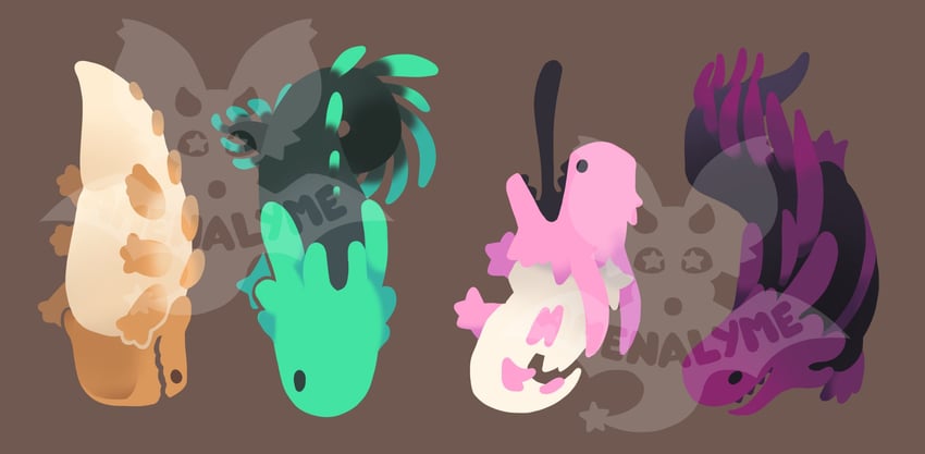 caramel lizard, train lizard, strawberry lizard, and eel lizard (rain world) drawn by amenalyme