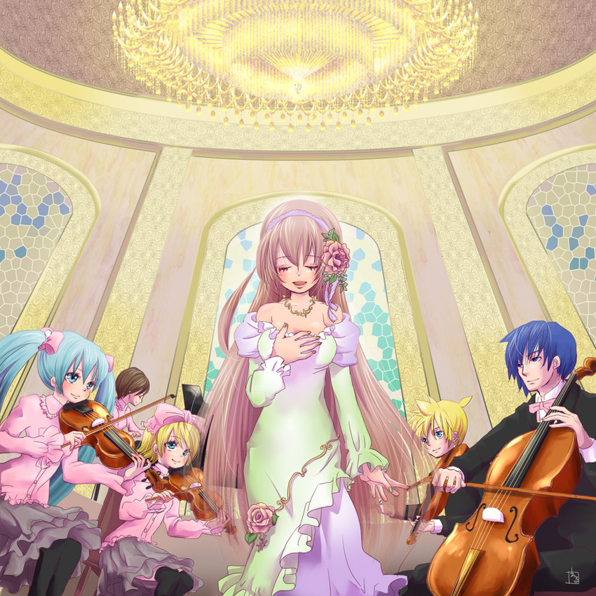 hatsune miku, kagamine rin, kagamine len, megurine luka, kaito, and 1 more (vocaloid) drawn by ele