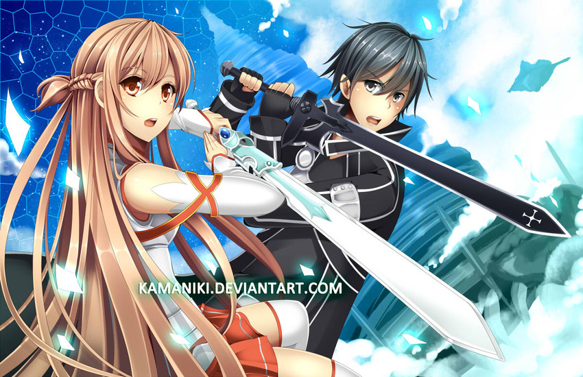 asuna and kirito (sword art online) drawn by kamaniki