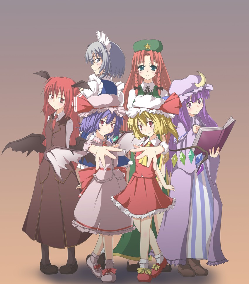 remilia scarlet, flandre scarlet, izayoi sakuya, patchouli knowledge, hong meiling, and 1 more (touhou) drawn by natsume_riu