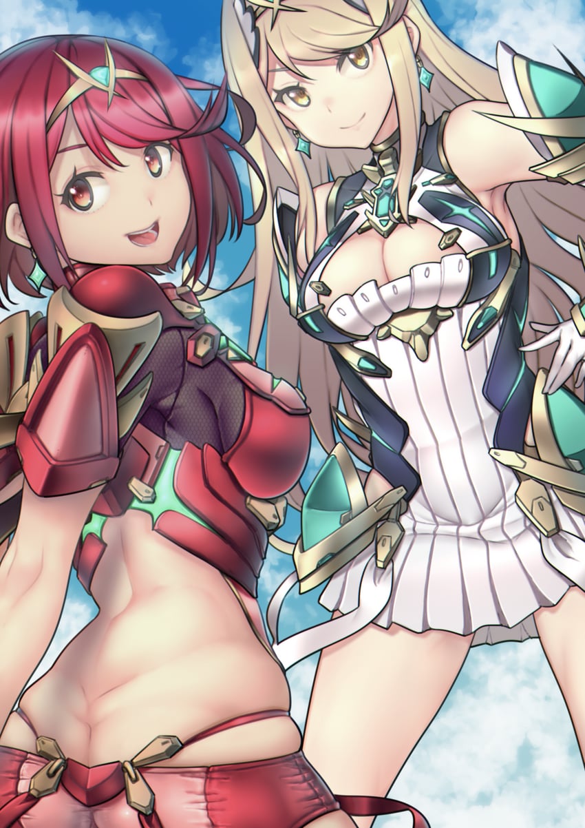 pyra and mythra (xenoblade chronicles and 1 more) drawn by rosia_san