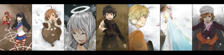 misaka mikoto, kamijou touma, accelerator, last order, mugino shizuri, and 4 more (toaru majutsu no index and 1 more) drawn by tokone