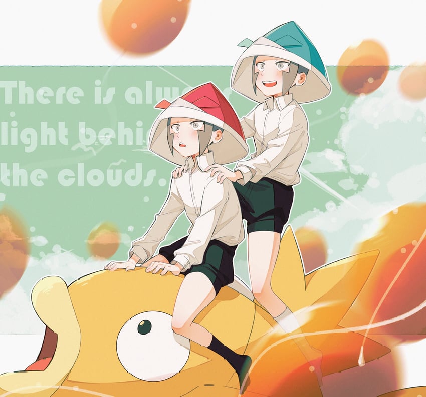 ingo, emmet, and magikarp (pokemon and 1 more) drawn by moriyuisu