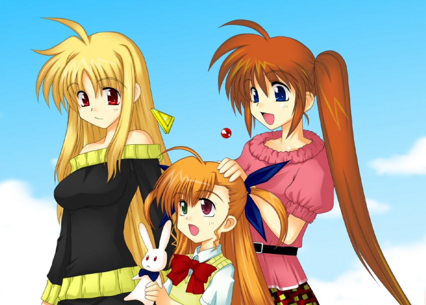 fate testarossa, takamachi nanoha, raising heart, bardiche, vivio, and 1 more (lyrical nanoha and 1 more) drawn by zeroero1