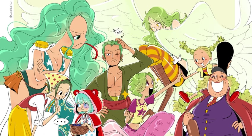 roronoa zoro, monet, sugar, makino, camie, and 3 more (one piece) drawn by cesel