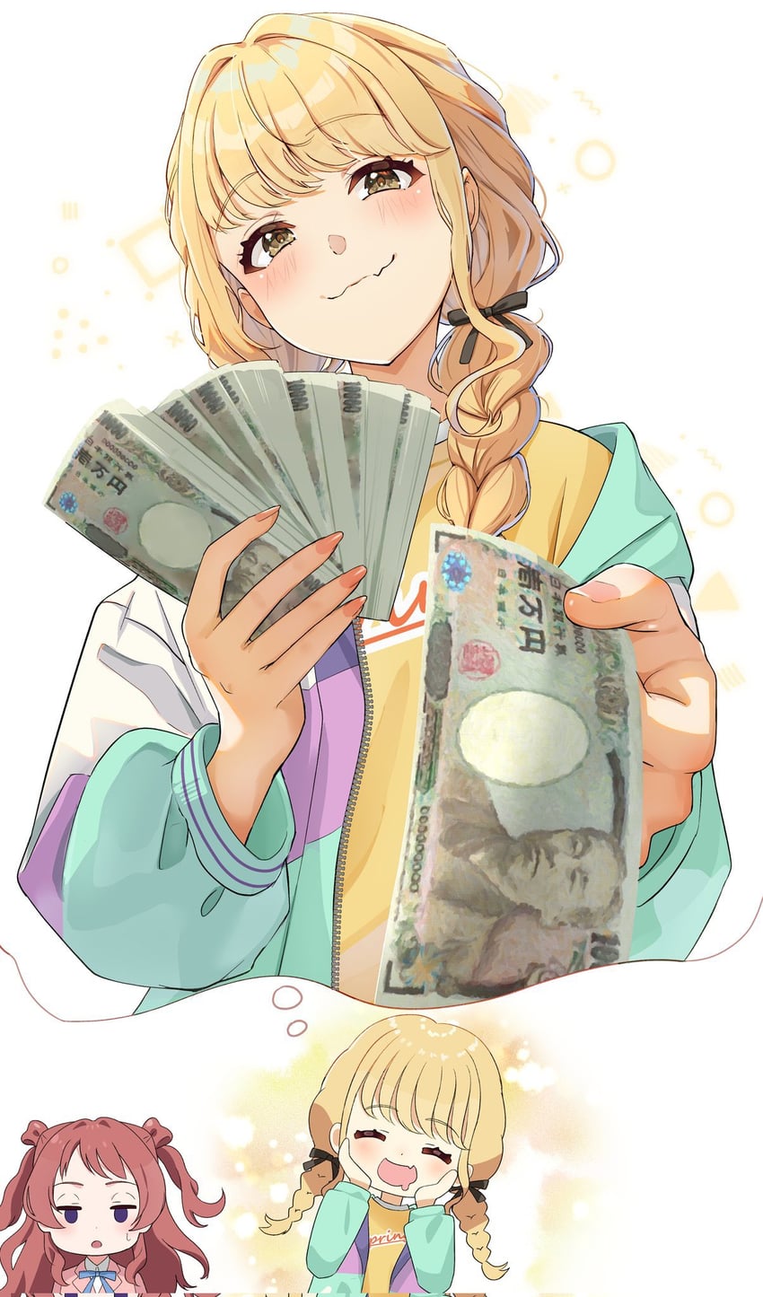 fujita kotone, hanami saki, and fukuzawa yukichi (idolmaster and 1 more) drawn by yami_anko