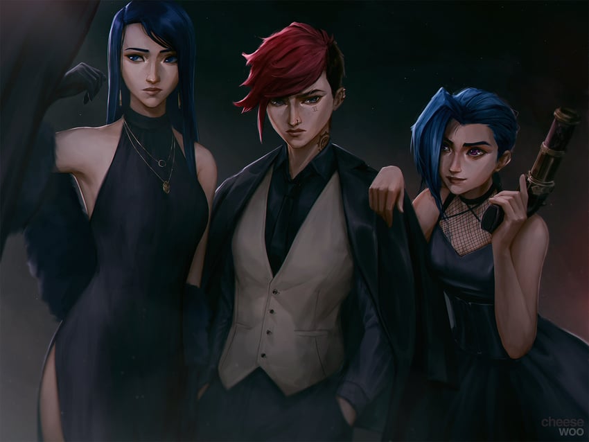 jinx, vi, caitlyn, arcane jinx, arcane vi, and 1 more (league of legends and 1 more) drawn by cheesewoo