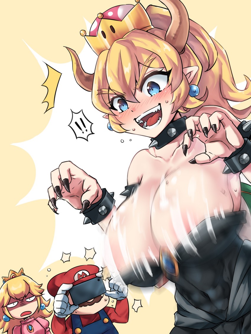 princess peach, mario, and bowsette (mario and 1 more) drawn by rayno