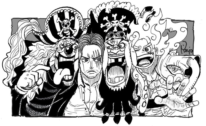 monkey d. luffy, shanks, buggy the clown, and marshall d. teach (one piece) drawn by nishiponi