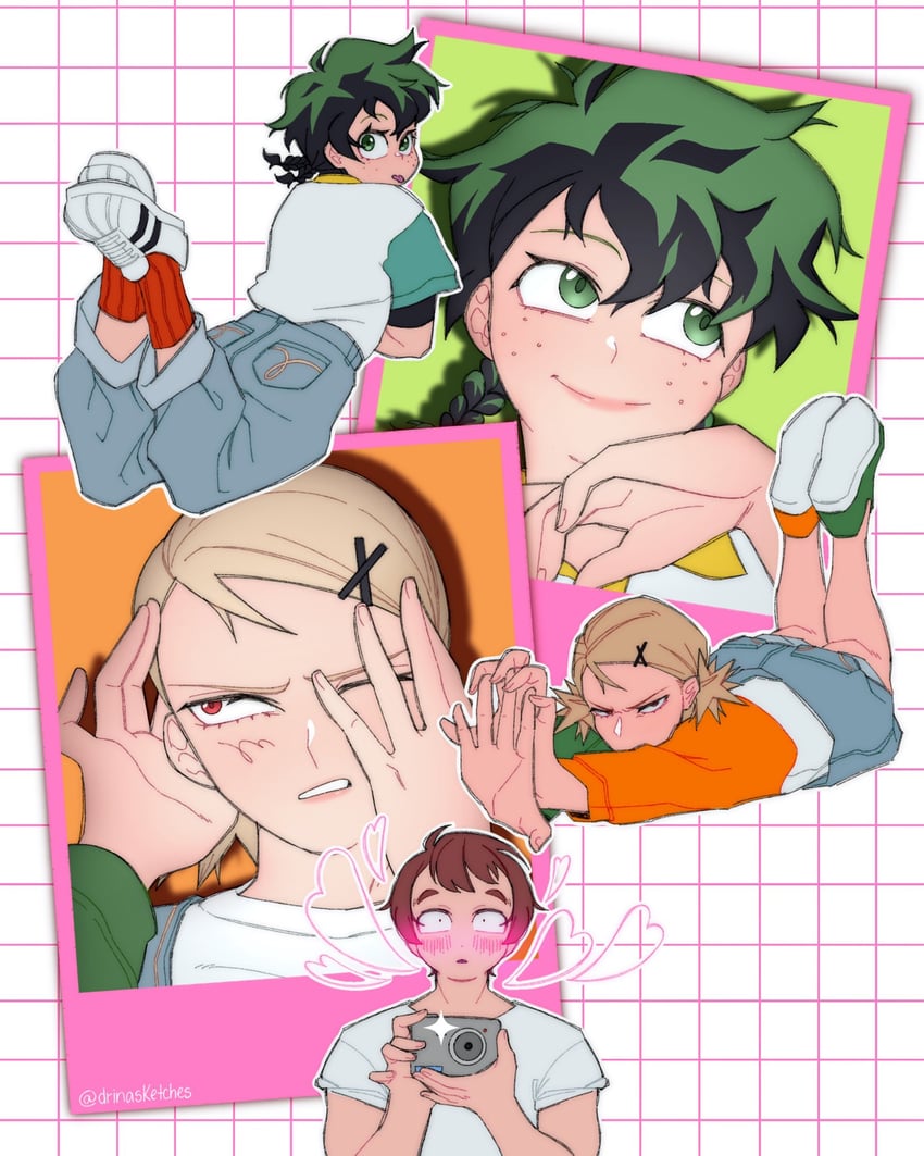 midoriya izuku, uraraka ochaco, and bakugou katsuki (boku no hero academia) drawn by drina
