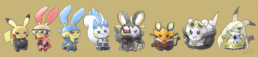 pikachu, lusamine, mimikyu, pachirisu, guzma, and 11 more (pokemon and 1 more) drawn by haguruma_rumaru