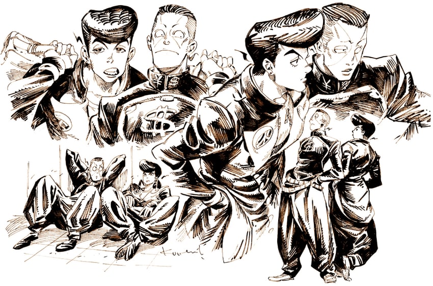 higashikata josuke and nijimura okuyasu (jojo no kimyou na bouken and 1 more) drawn by kotteri