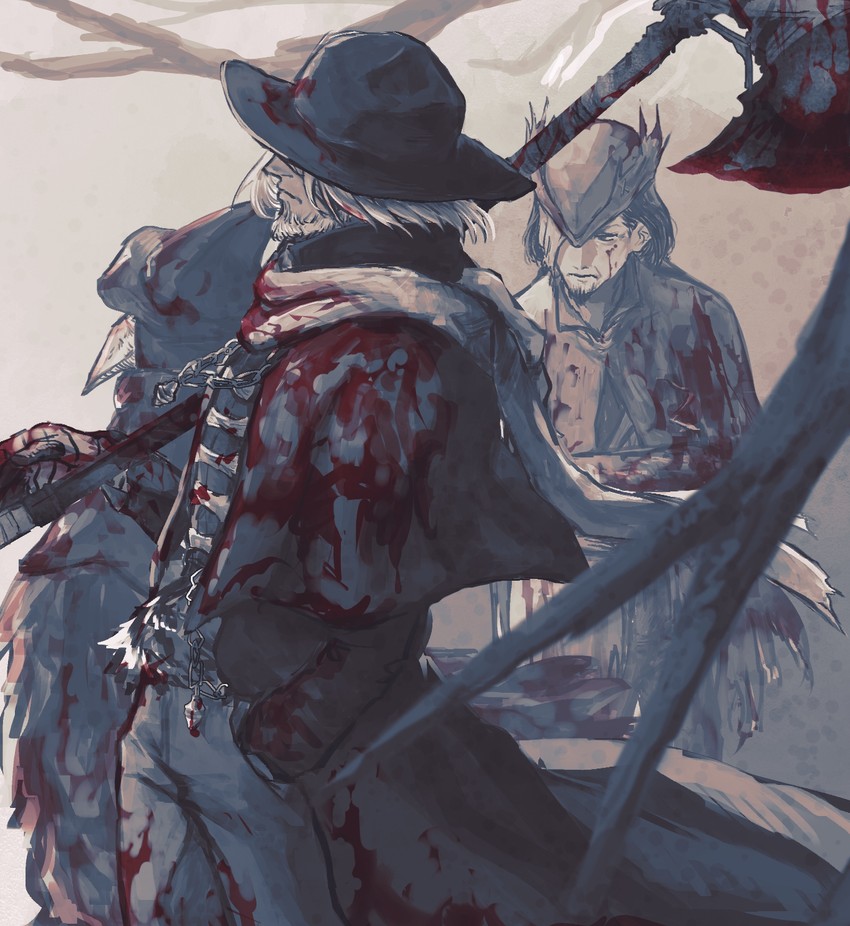 eileen the crow, father gascoigne, and djura (bloodborne) drawn by sakuramochi920