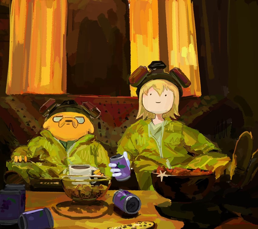 finn the human, jake the dog, walter white, and jesse pinkman (adventure time and 1 more) drawn by benadieshekiel