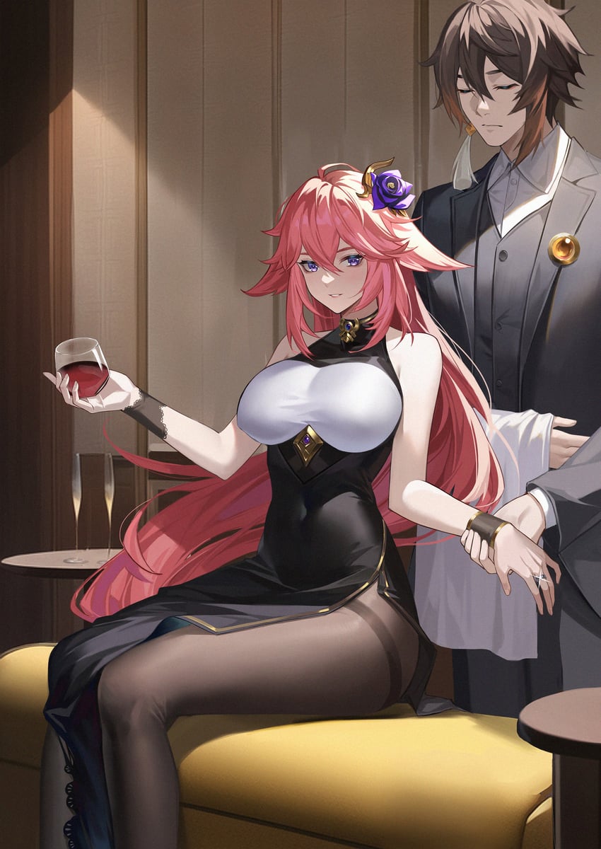 yae miko and zhongli (genshin impact) drawn by yin_lan_xue