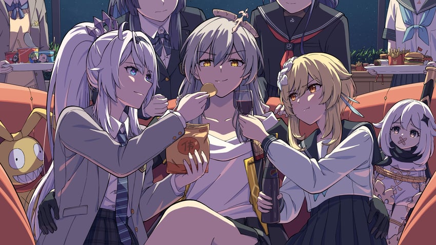 lumine, raiden shogun, trailblazer, stelle, paimon, and 3 more (genshin impact and 4 more) drawn by nanoha_and_fate