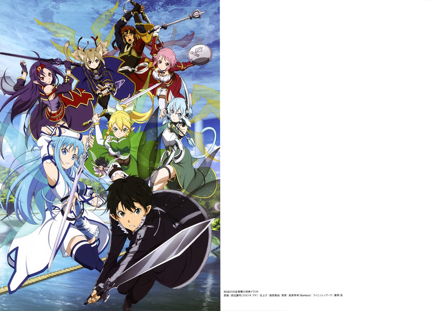 asuna, kirito, sinon, leafa, silica, and 4 more (sword art online) drawn by tanabe_kenji
