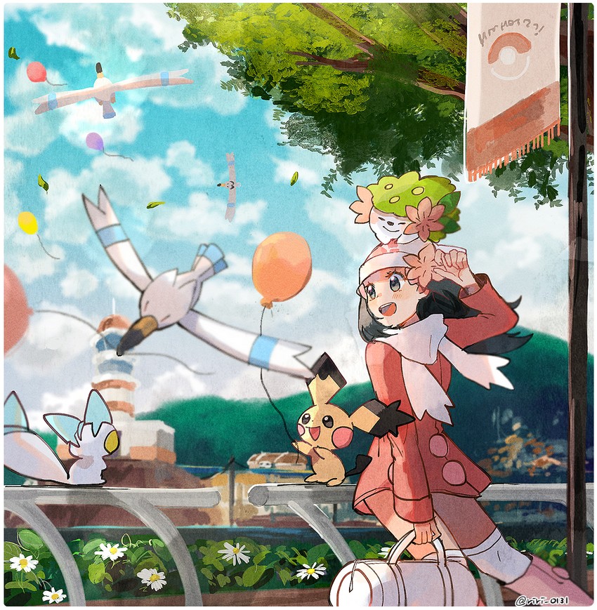 dawn, pichu, pachirisu, wingull, shaymin, and 1 more (pokemon and 2 more) drawn by ririmon