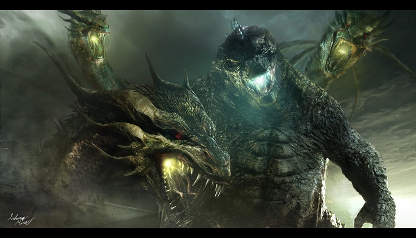 godzilla and king ghidorah (monsterverse and 1 more) drawn by inkveil-matter