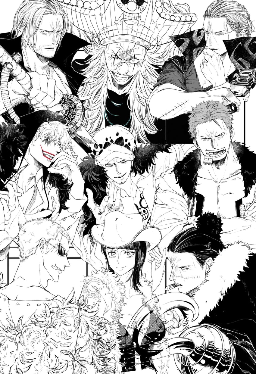 nico robin, trafalgar law, donquixote doflamingo, crocodile, shanks, and 4 more (one piece) drawn by mabu_dachi43