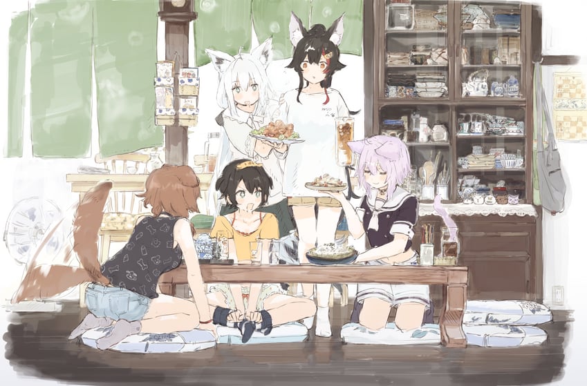 shirakami fubuki, nekomata okayu, ookami mio, oozora subaru, and inugami korone (hololive) drawn by soutanookiba