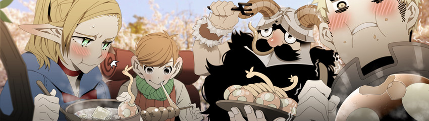 marcille donato, laios touden, senshi, and chilchuck tims (dungeon meshi) drawn by kimdazzi