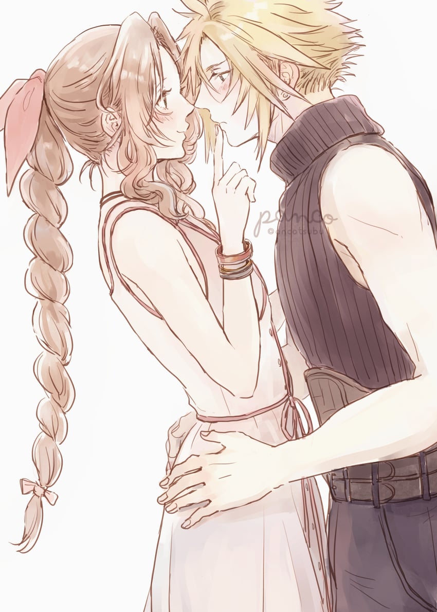 cloud strife and aerith gainsborough (final fantasy and 2 more) drawn by ancotsubu