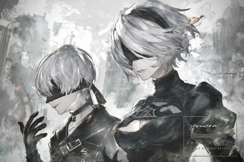2b and 9s (nier and 1 more) drawn by moony_(mogmogmelt)