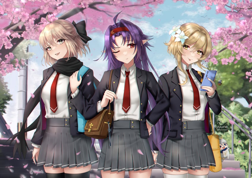 lumine, okita souji, paimon, yuuki, and yuuki aoi (fate and 3 more) drawn by ryuuneart