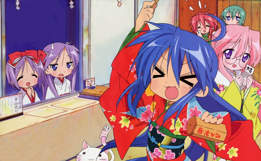 hiiragi kagami, izumi konata, hiiragi tsukasa, takara miyuki, kobayakawa yutaka, and 2 more (lucky star) drawn by horiguchi_yukiko