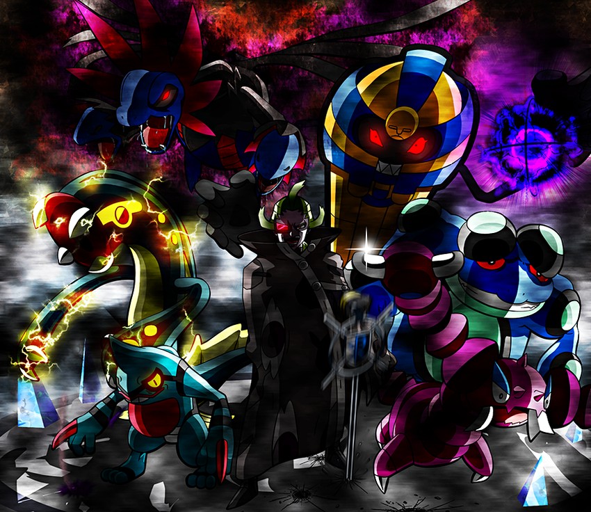 hydreigon, ghetsis, eelektross, cofagrigus, toxicroak, and 2 more (pokemon and 1 more) drawn by misterror