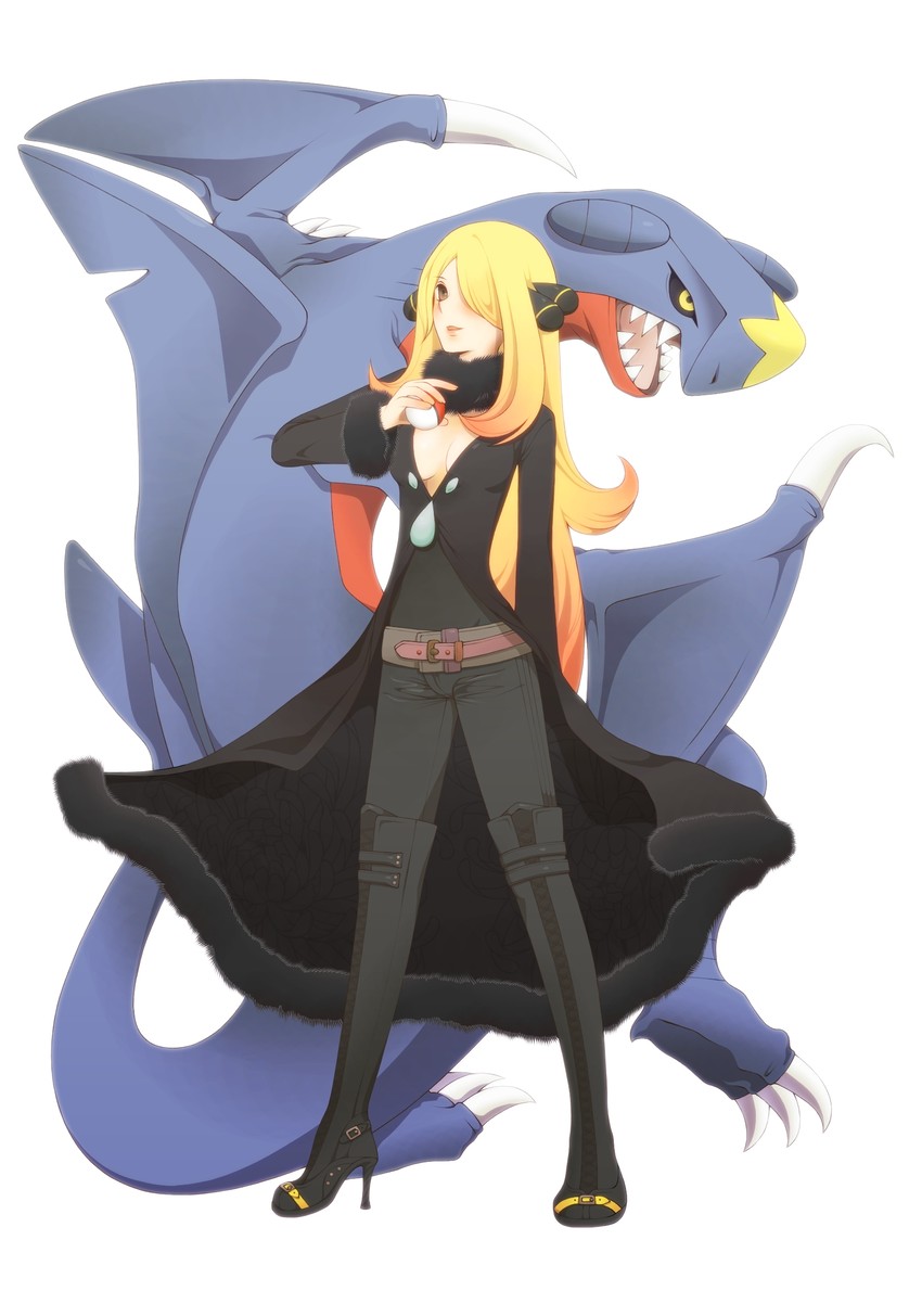 cynthia and garchomp (pokemon and 1 more) drawn by lobo_(kyodai_na_robo)