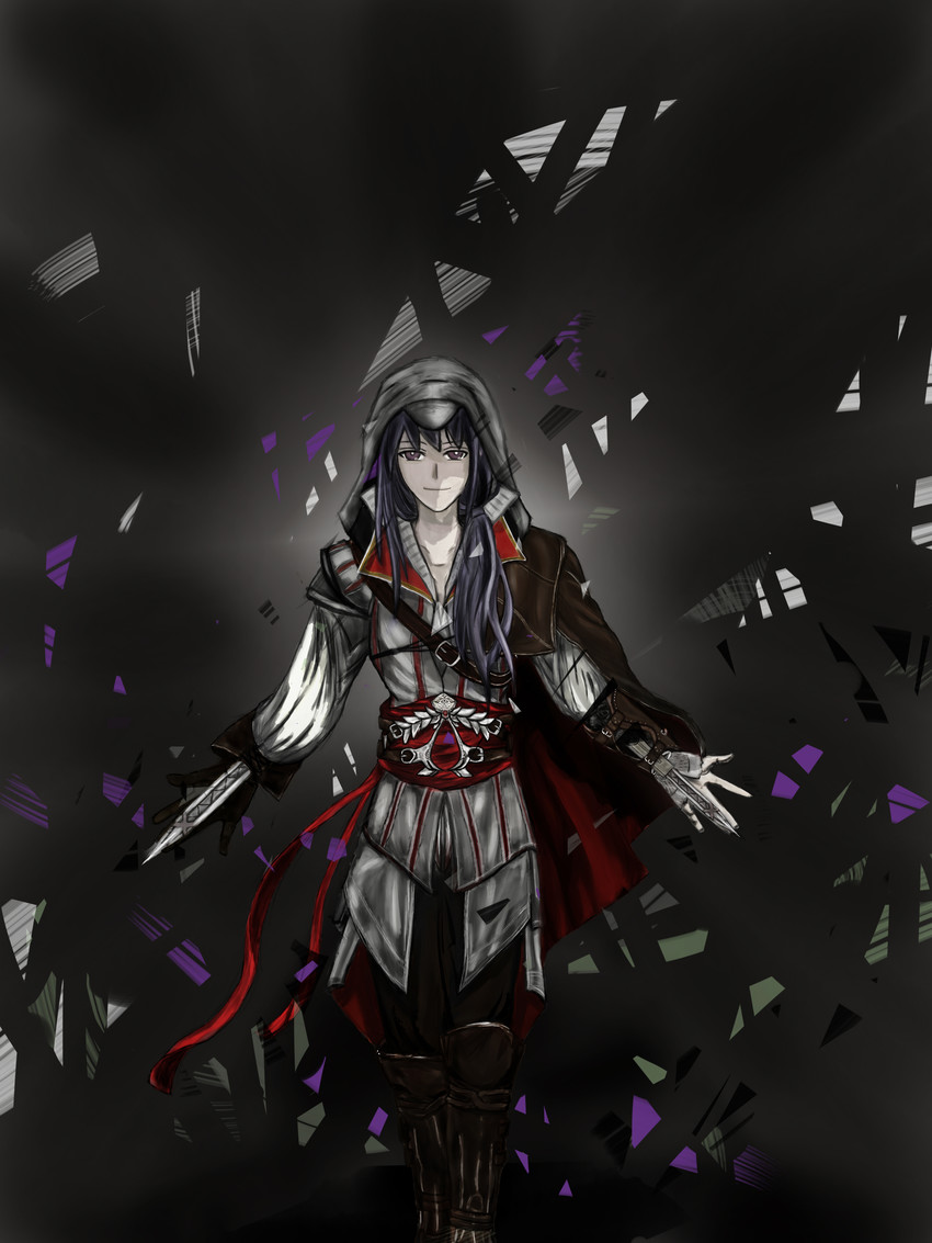 akemi homura and ezio auditore da firenze (mahou shoujo madoka magica and 2 more) drawn by moy_(seter)