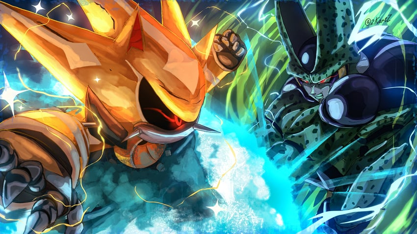 metal sonic, cell, perfect cell, neo metal sonic, and super neo metal sonic (dragon ball and 3 more) drawn by 2kartz