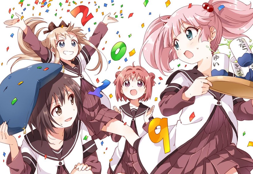 toshinou kyouko, akaza akari, funami yui, and yoshikawa chinatsu (yuruyuri) drawn by namori