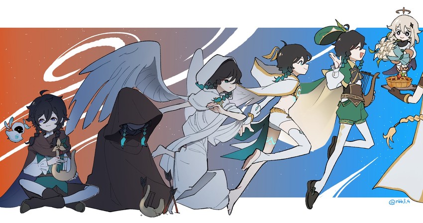 aether, paimon, venti, barbatos, and nameless bard (genshin impact) drawn by nbb3