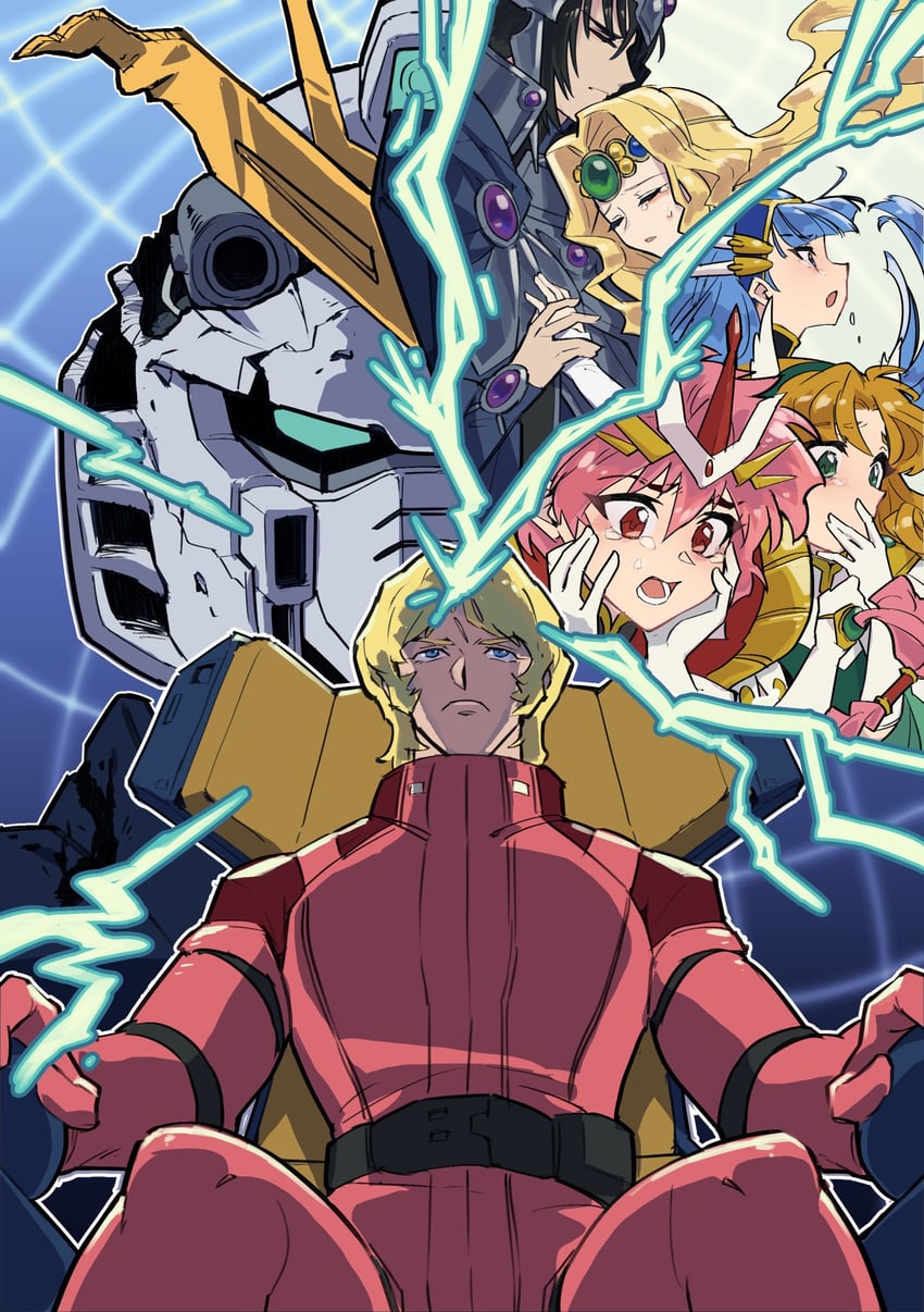char aznable, nu gundam, shidou hikaru, ryuuzaki umi, hououji fuu, and 2 more (gundam and 2 more) drawn by hanahiyo_(hoimin)