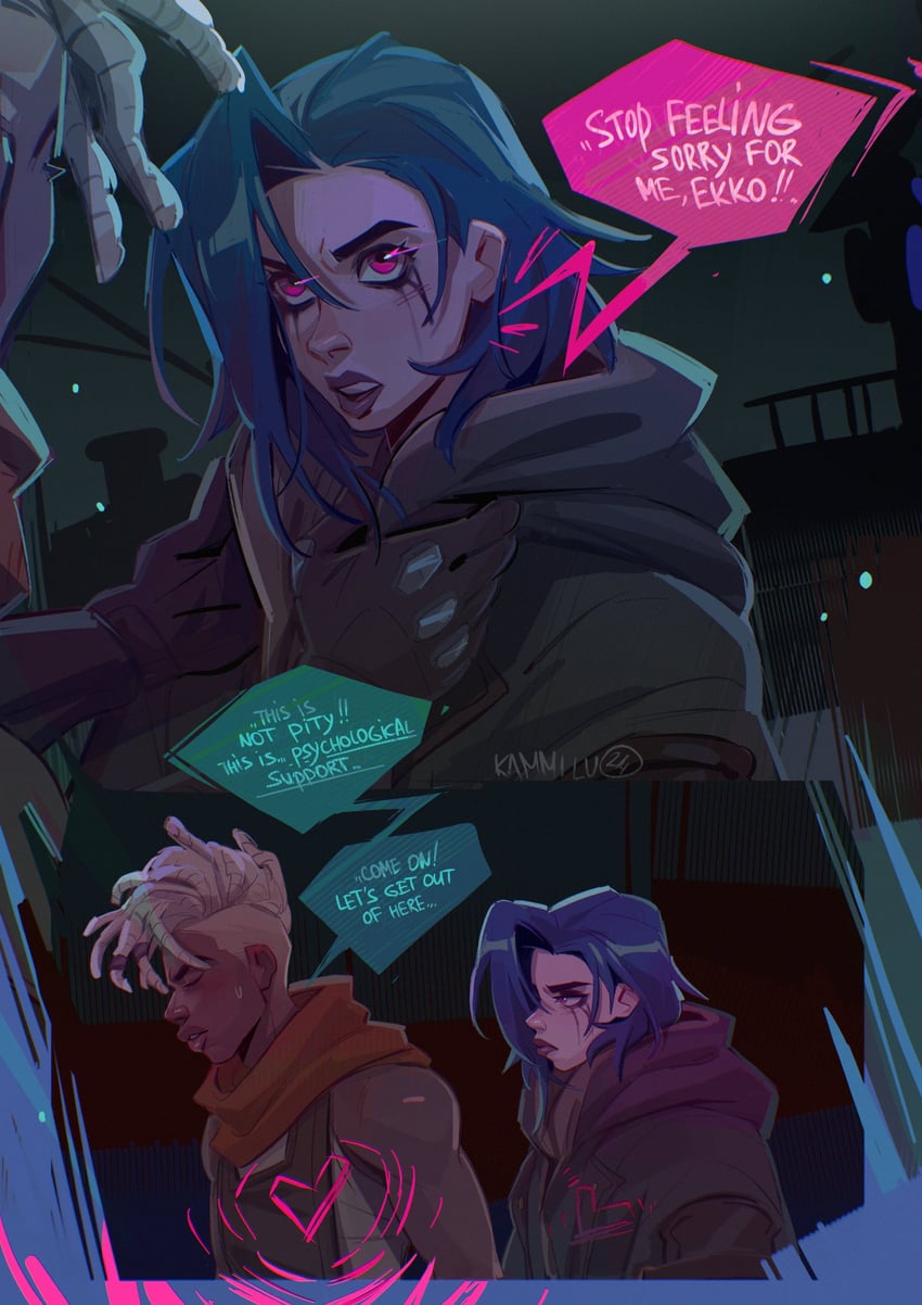 jinx, arcane jinx, ekko, firelight ekko, and tonya upenskona (league of legends and 1 more) drawn by kammi_lu