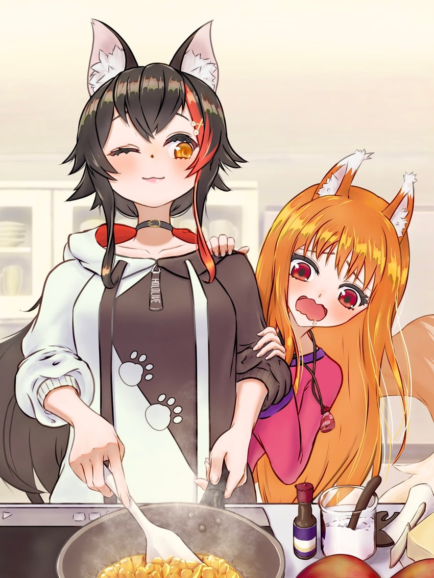 ookami mio and holo (hololive and 1 more) drawn by yunagi_teguru