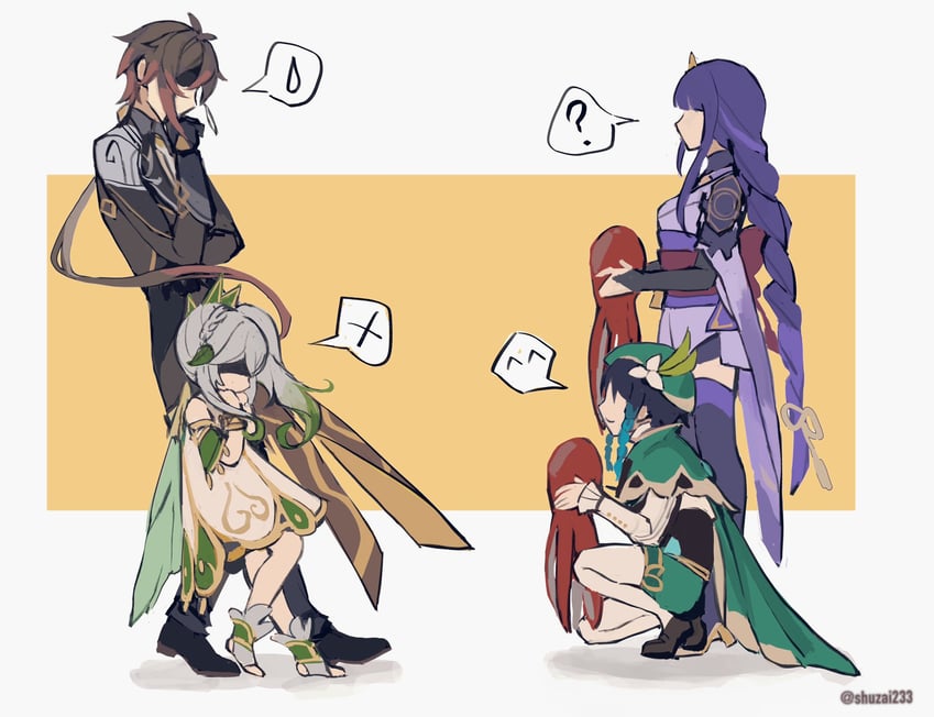 raiden shogun, nahida, zhongli, and venti (genshin impact) drawn by shuzai233