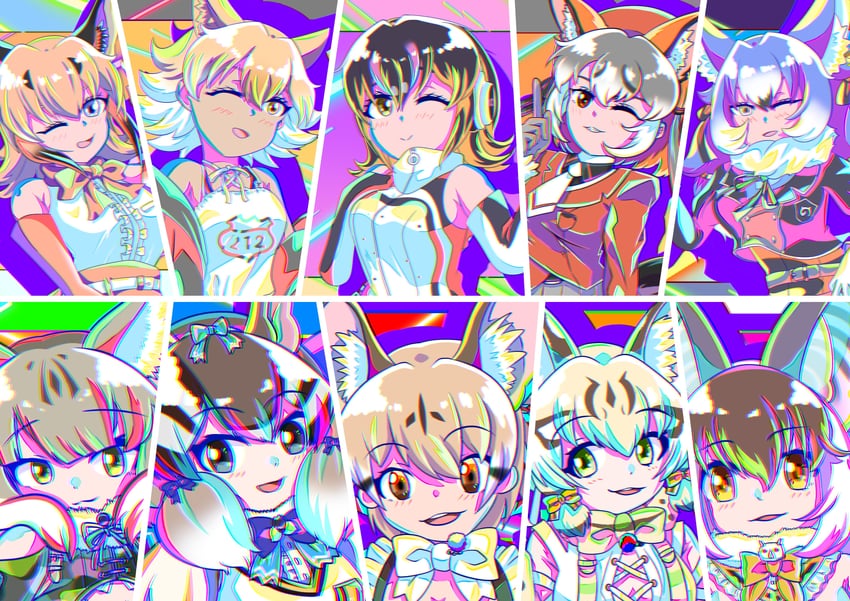 island fox, humboldt penguin, caracal, brown long-eared bat, coyote, and 5 more (kemono friends and 1 more) drawn by tutti_tutio