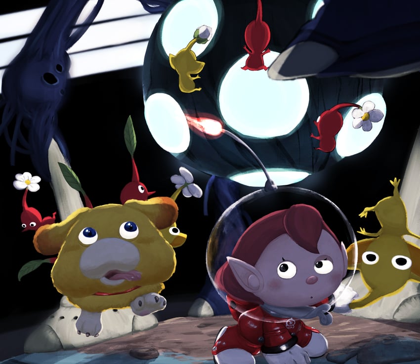 red pikmin, yellow pikmin, rescue officer, oatchi, and groovy long legs (pikmin and 1 more) drawn by usuba_(hatomugip)