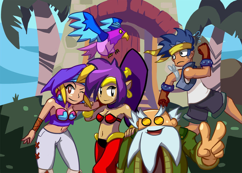 shantae, sky, bolo, uncle mimic, and wrench (shantae) drawn by john_kimble