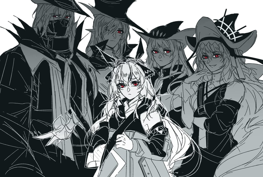 skadi, specter, specter the unchained, gladiia, weedy, and 1 more (arknights) drawn by mahimeko