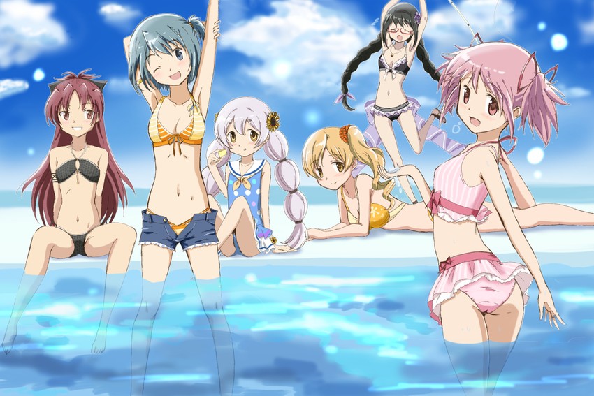 akemi homura, kaname madoka, miki sayaka, sakura kyoko, tomoe mami, and 1 more (mahou shoujo madoka magica and 1 more) drawn by kinfuji