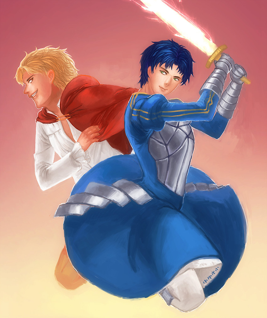 artoria pendragon, saber, dio brando, and jonathan joestar (fate and 3 more) drawn by gloria_(84568750)