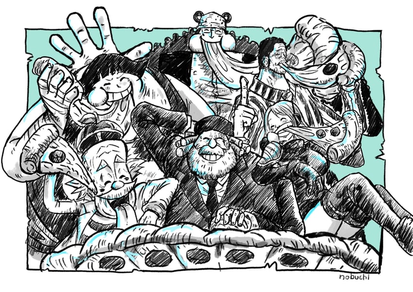 jewelry bonney, kizaru, bartholomew kuma, jaygarcia saturn, dr. vegapunk, and 1 more (one piece) drawn by nobuchi0503
