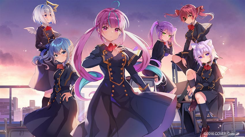 houshou marine, hoshimachi suisei, nekomata okayu, minato aqua, tokoyami towa, and 1 more (hololive and 1 more) drawn by sakura_koharu