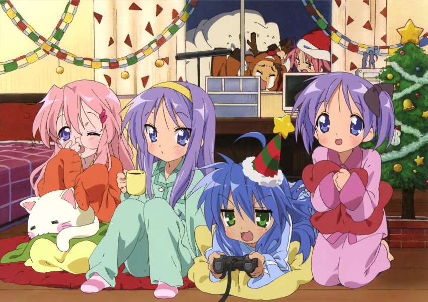 hiiragi kagami, izumi konata, hiiragi tsukasa, takara miyuki, kogami akira, and 2 more (lucky star) drawn by takemoto_yasuhiro